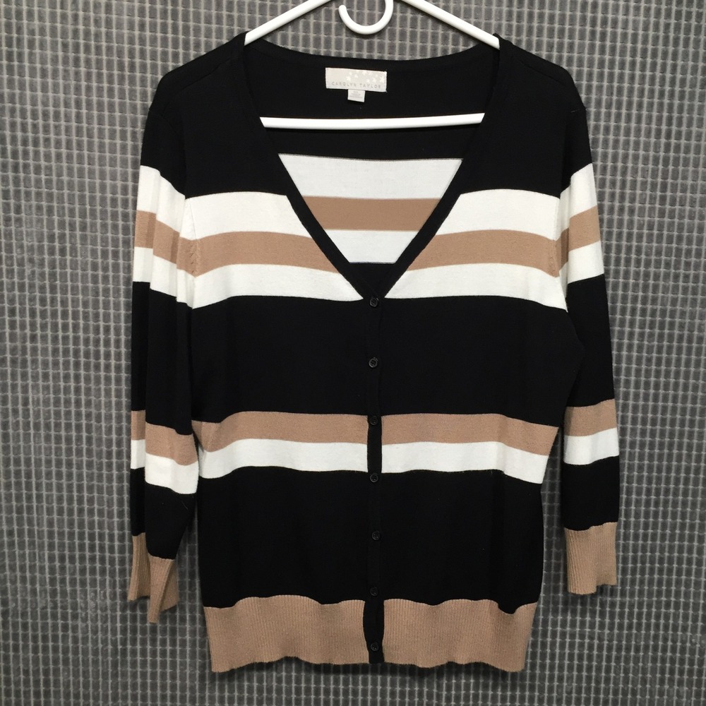Carolyn Taylor Women Cardigan Striped Button Front V-Neck XL Black‎ White Tan